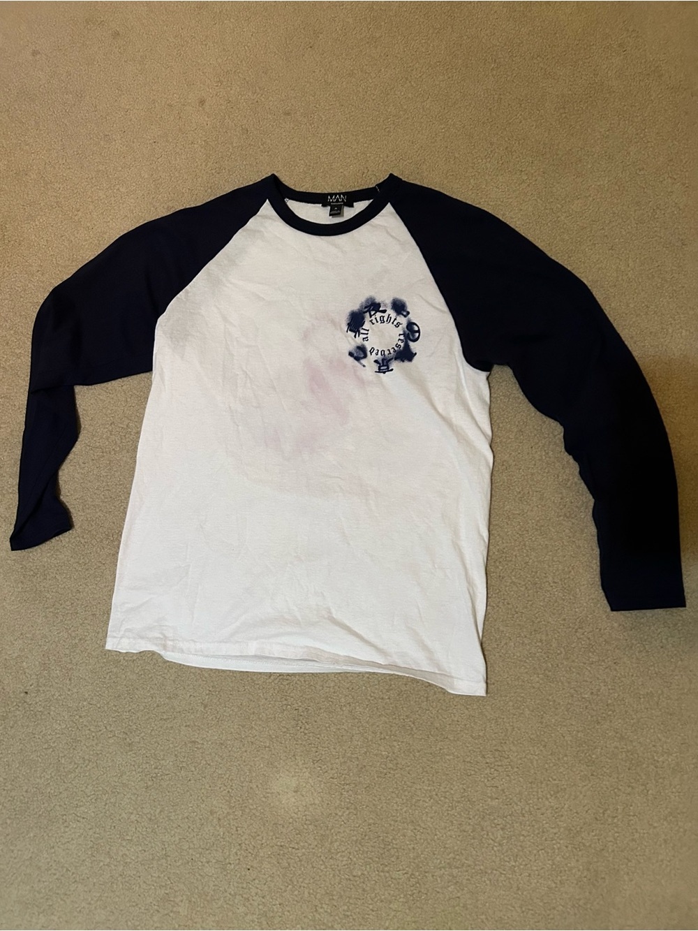 Men's Long Sleeve raglan with Asian symbols Shirt - White with Navy Sleeves